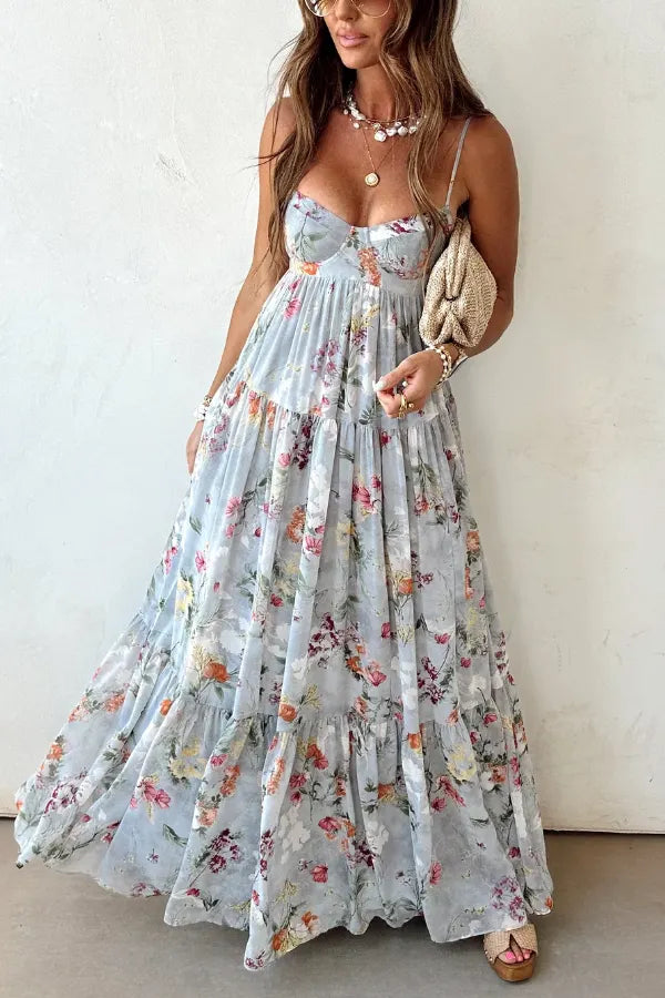 Light Blue Floral Tiered Boho Maxi Dress – Soft Romantic Elegance
