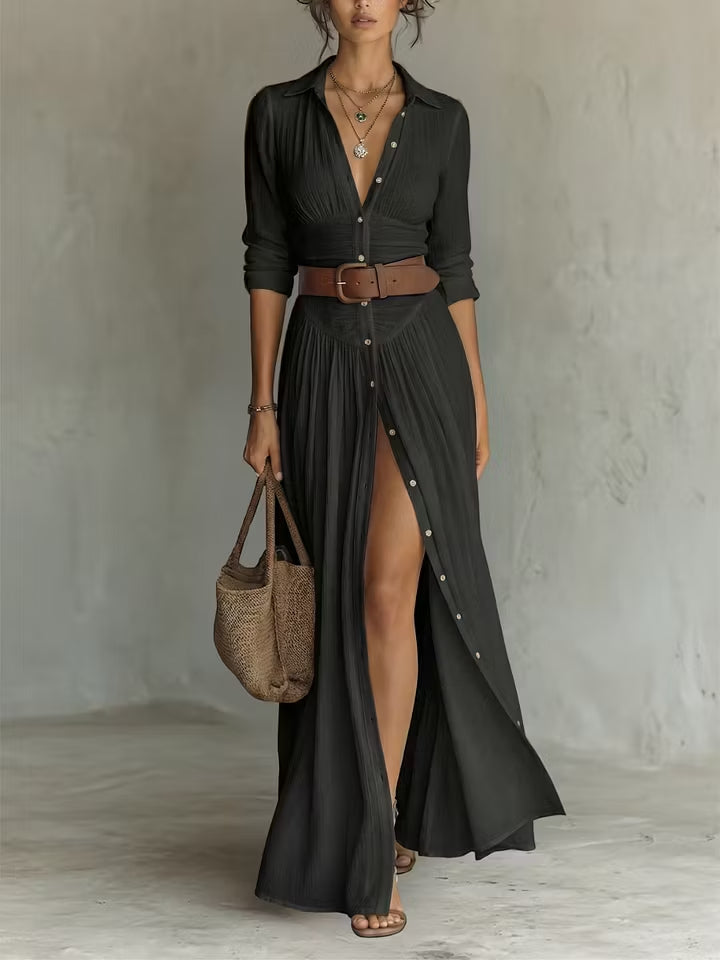 White Button-Down Pleated Shirt Maxi Dress – Effortless Resort Elegance