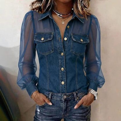 Women's Casual Denim Patchwork Chiffon See Through Button Pocket Long Sleeve Blouse
