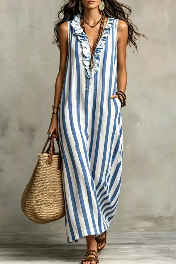 Red Stripe Ruffle V-Neck Boho Maxi Dress
