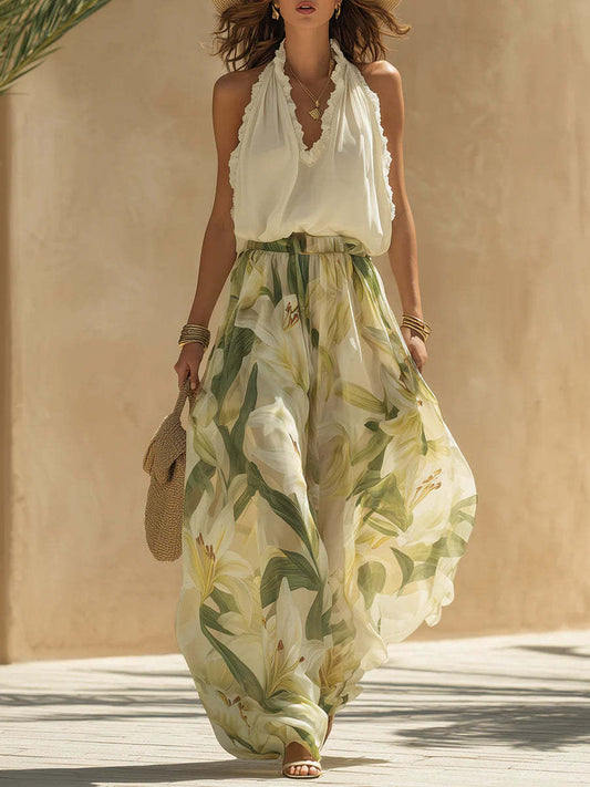 Tropical Garden Halter Leaf Print Wide-Leg Set