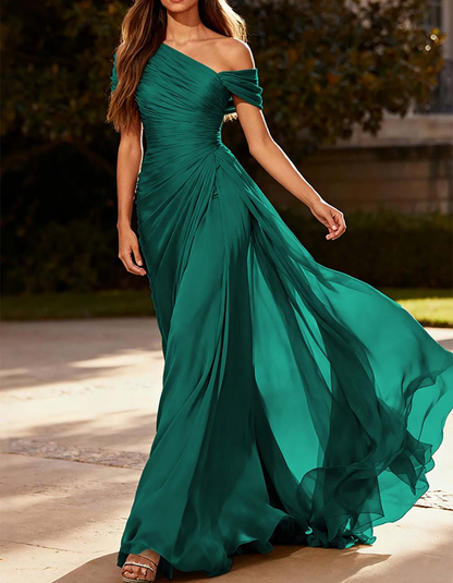 One-Shoulder Pleated Chiffon Maxi Dress