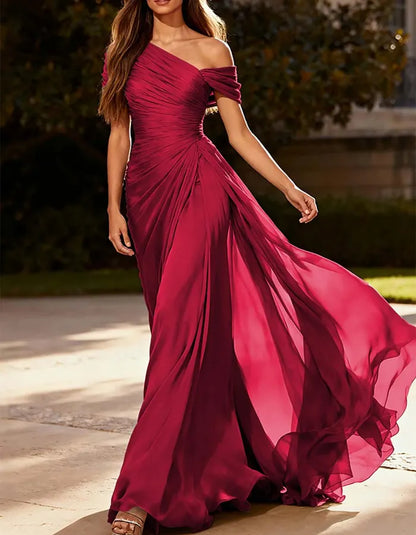 One-Shoulder Pleated Chiffon Maxi Dress