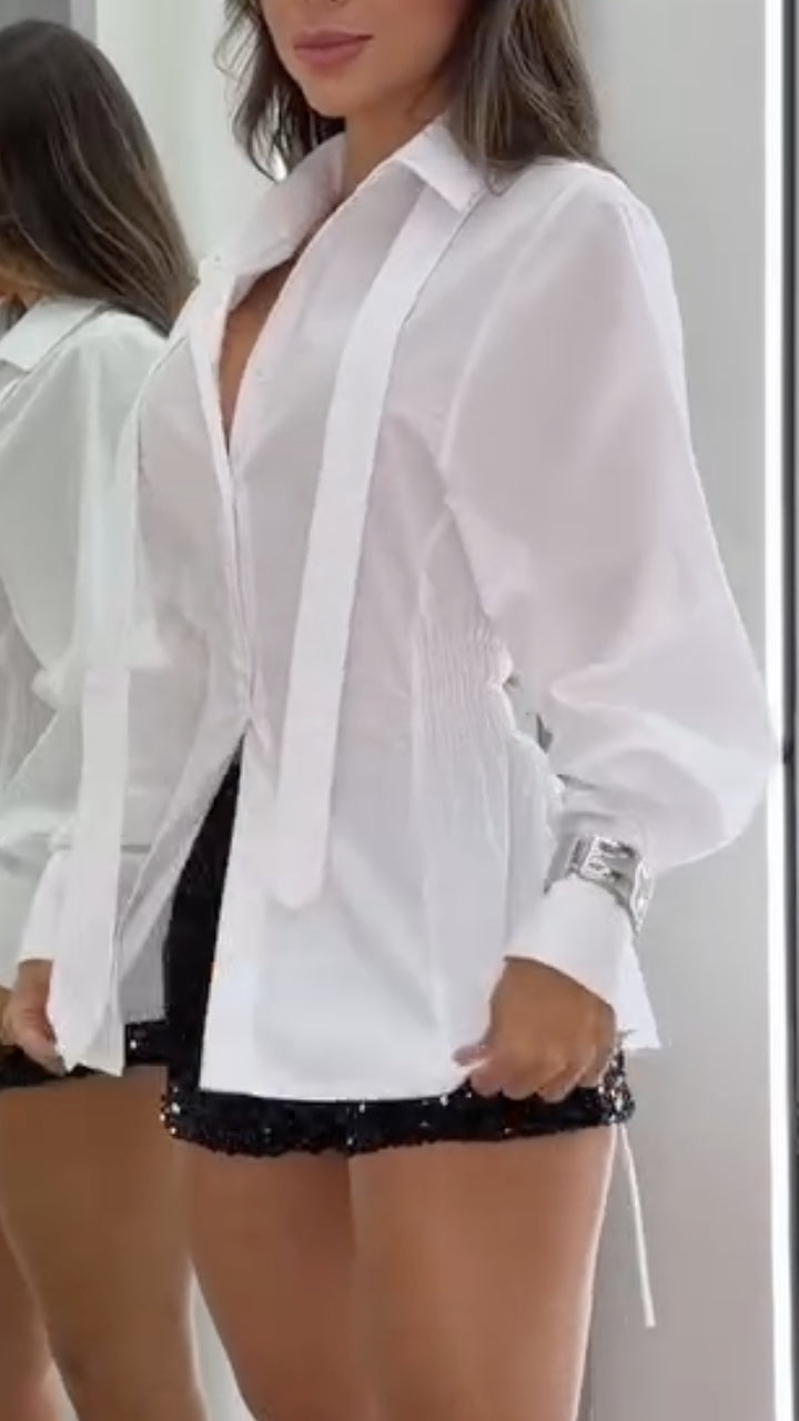 Two Piece White Ruched Shirt + Black Sequin Shorts Set