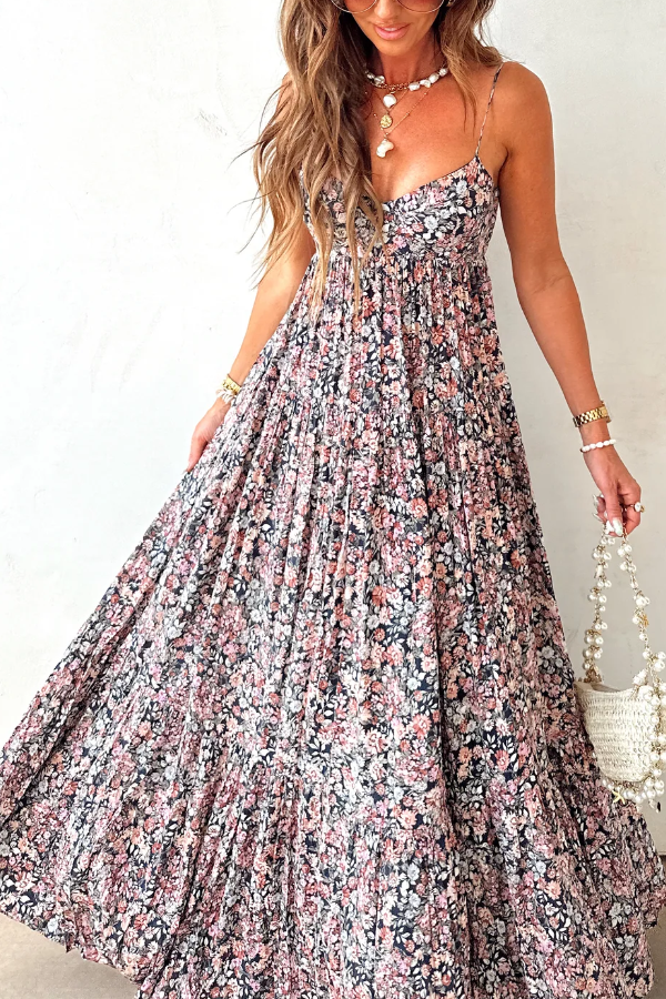 Pink Floral Tiered Boho Maxi Dress – Romantic Vacation Elegance