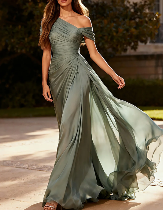One-Shoulder Pleated Chiffon Maxi Dress