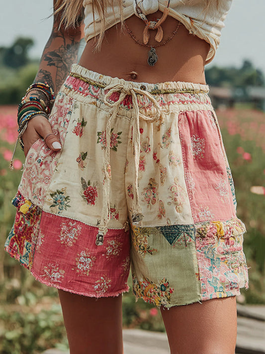 Women's Patchwork Floral Art Waist Drawstring Pocket Shorts