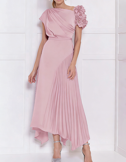 Blush Pink Satin 3D Floral Asymmetrical Midi Dress