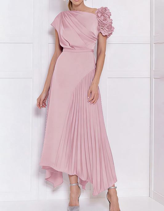 Blush Pink Satin 3D Floral Asymmetrical Midi Dress