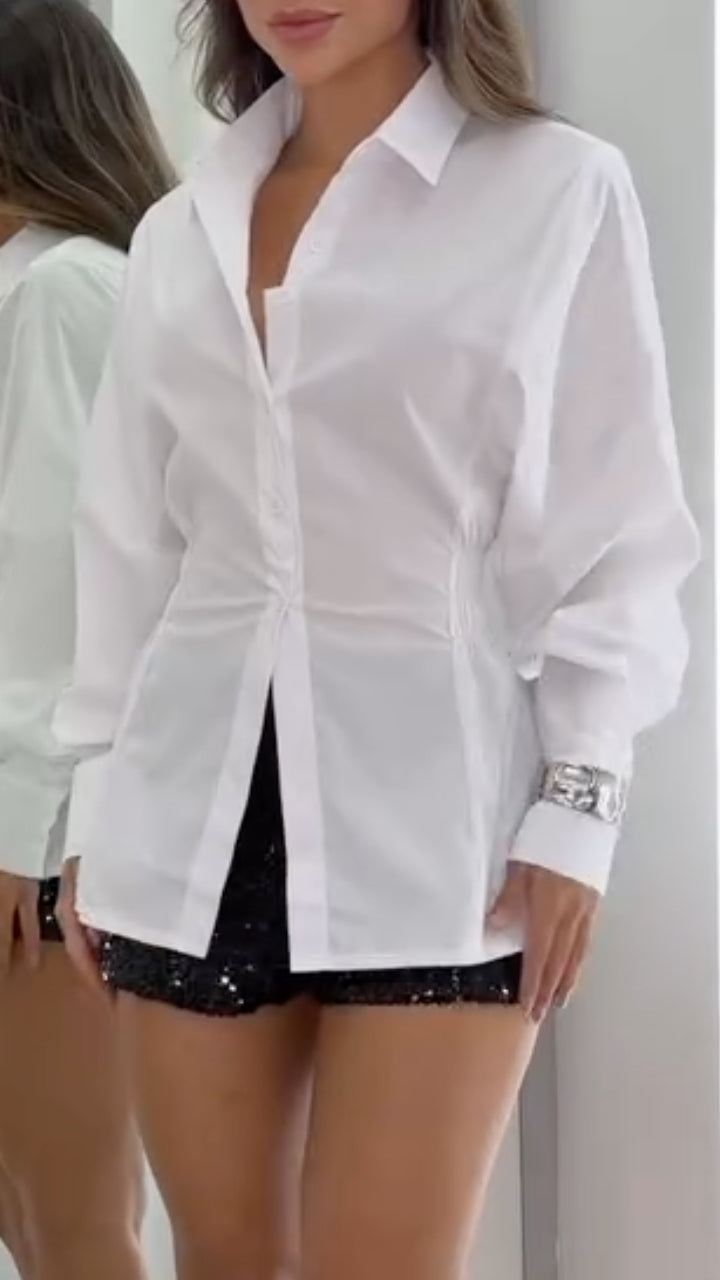Two Piece White Ruched Shirt + Black Sequin Shorts Set