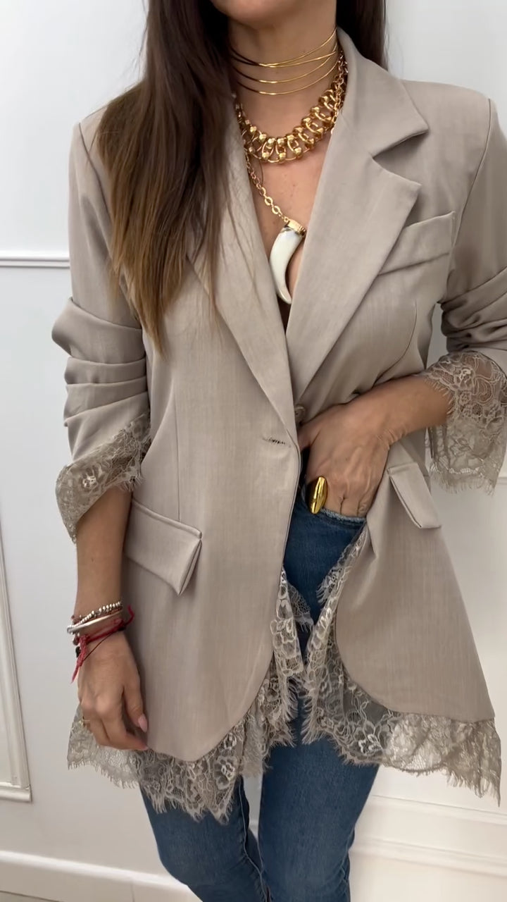 Women's Khaki Lapel Lace Blazer