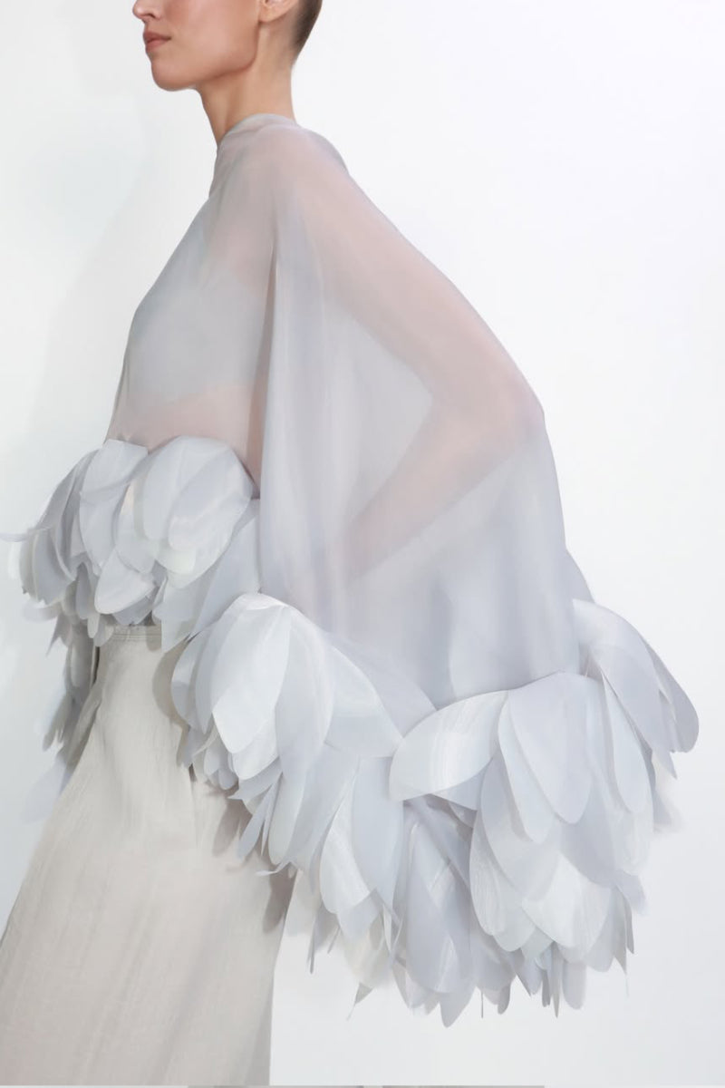Light Grey Sheer Organza Blouse with 3D Petal Ruffle Sleeves