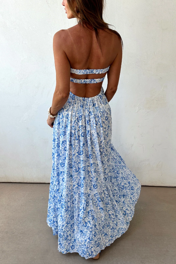 Blue Floral Cutout Twist Bust Maxi Dress – Summer Boho Elegance