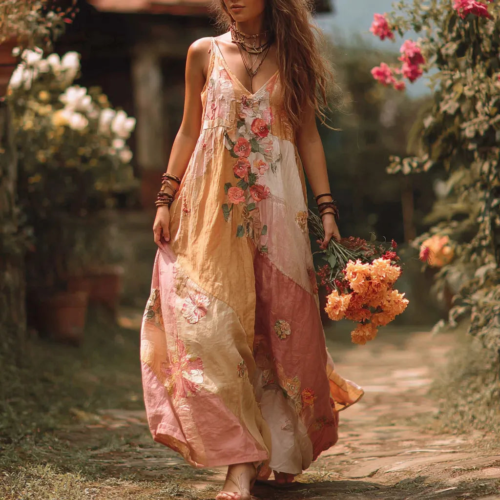 Women's Retro Floral Art Patchwork V-neck Dress