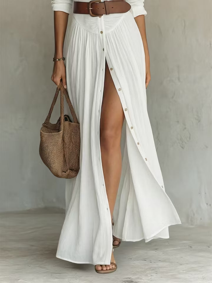 White Button-Down Pleated Shirt Maxi Dress – Effortless Resort Elegance