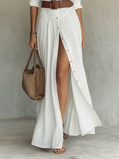 White Button-Down Pleated Shirt Maxi Dress – Effortless Resort Elegance