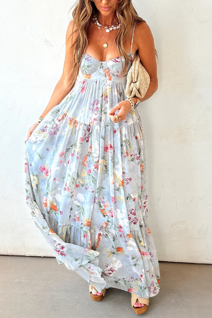 Light Blue Floral Tiered Boho Maxi Dress – Soft Romantic Elegance