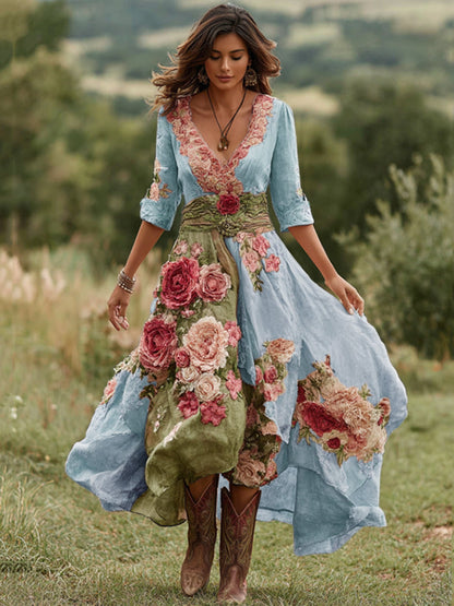 Women's Vintage Floral Art V Neck Linen Blend Maxi Dress