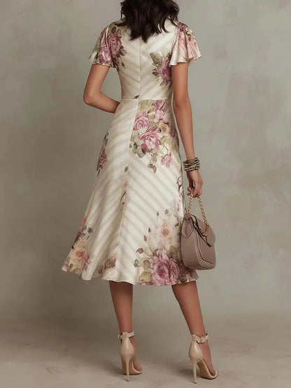 Champagne Floral Wrap Ruched Midi Dress – Romantic Elegance