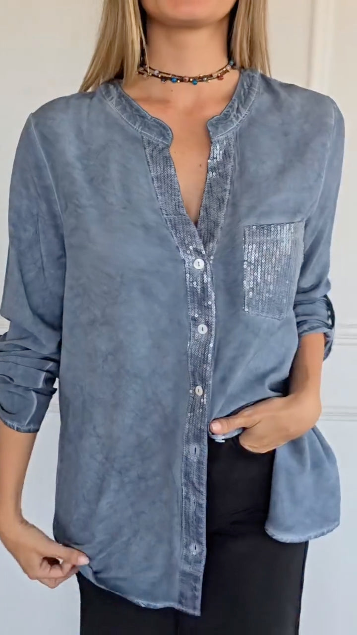 Women's V-Neck Cotton-Linen Casual Top with Sequin Splicing