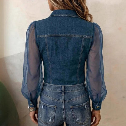 Women's Casual Denim Patchwork Chiffon See Through Button Pocket Long Sleeve Blouse