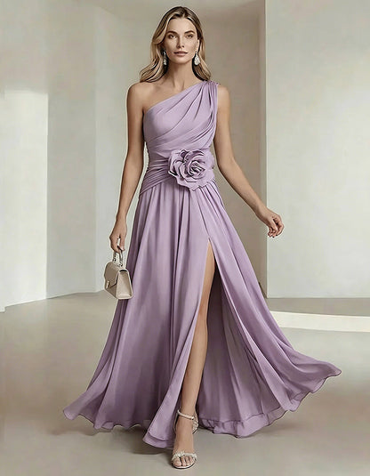 Solid Color One Shoulder Chiffon Dress With 3D Floral High Slit Maxi Dress