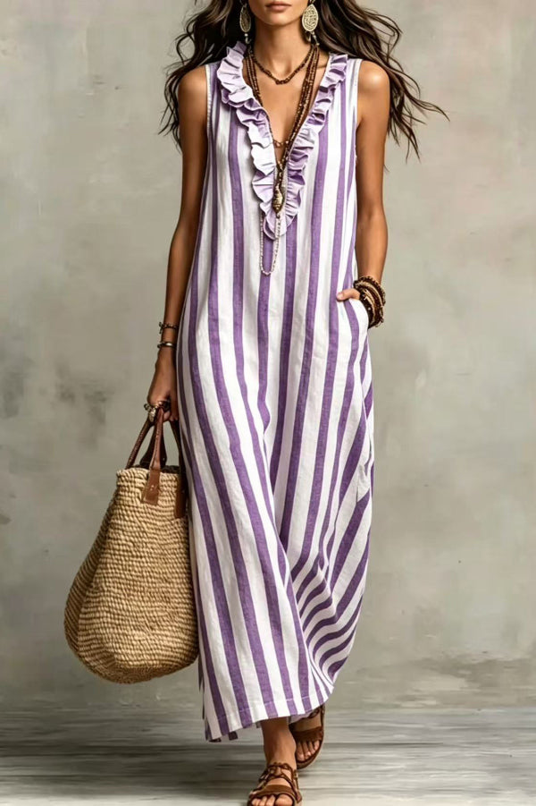 Red Stripe Ruffle V-Neck Boho Maxi Dress
