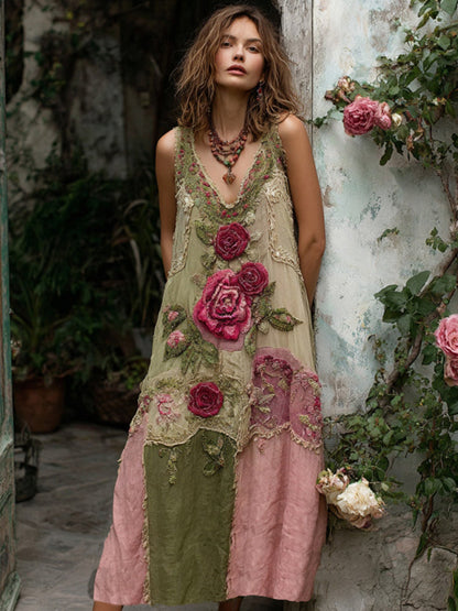 Women's Vintage Rose Art Print Linen Maxi Dress