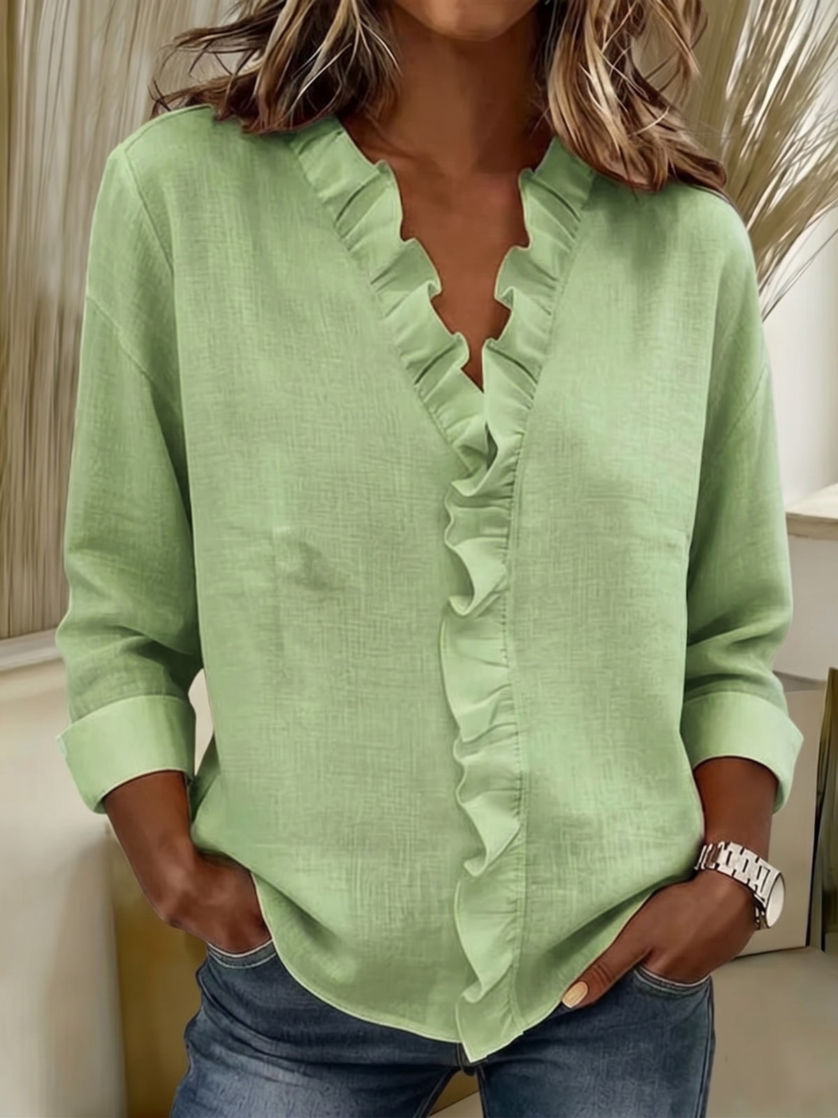 Indie | Blouse with Ruffles, V-Neck and Long Sleeves