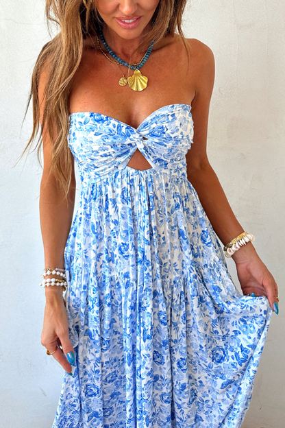 Blue Floral Cutout Twist Bust Maxi Dress – Summer Boho Elegance