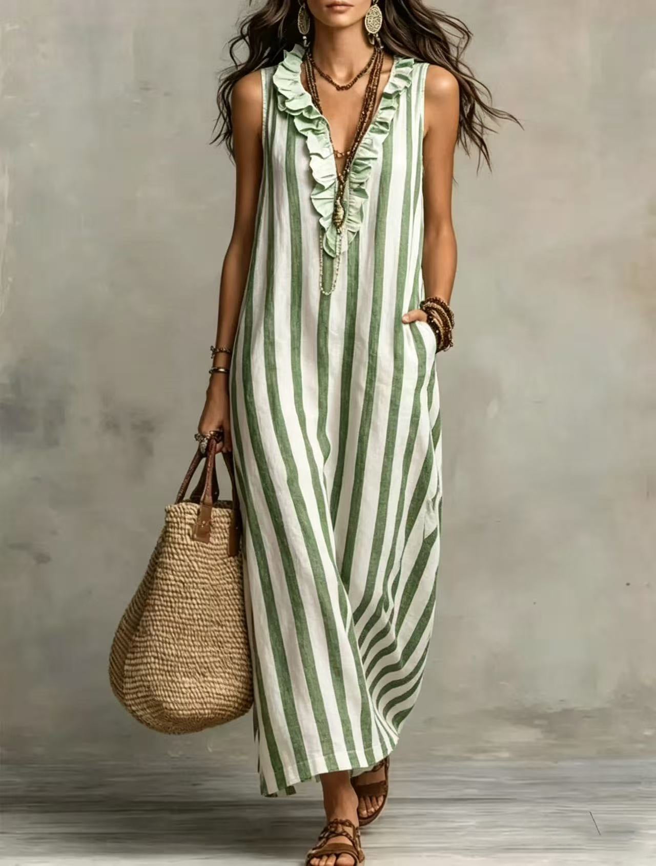 Red Stripe Ruffle V-Neck Boho Maxi Dress
