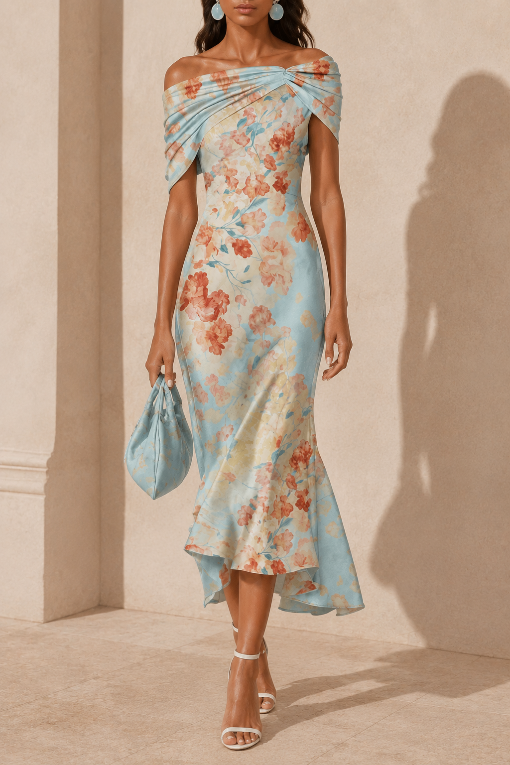 Blue Floral One Shoulder Mermaid Midi Dress