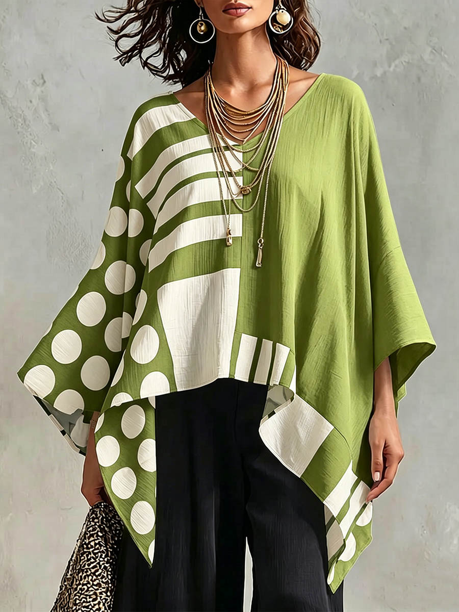 Women's Polka Dot & Geometric Print V-neck 3/4-sleeve Casual Loose Cotton-linen Top