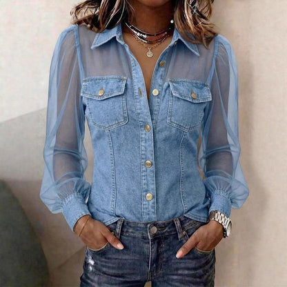 Women's Casual Denim Patchwork Chiffon See Through Button Pocket Long Sleeve Blouse