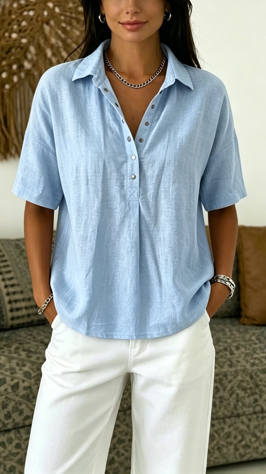 Women’s Cotton Linen Polo Shirt – Casual Short Sleeve Summer Top