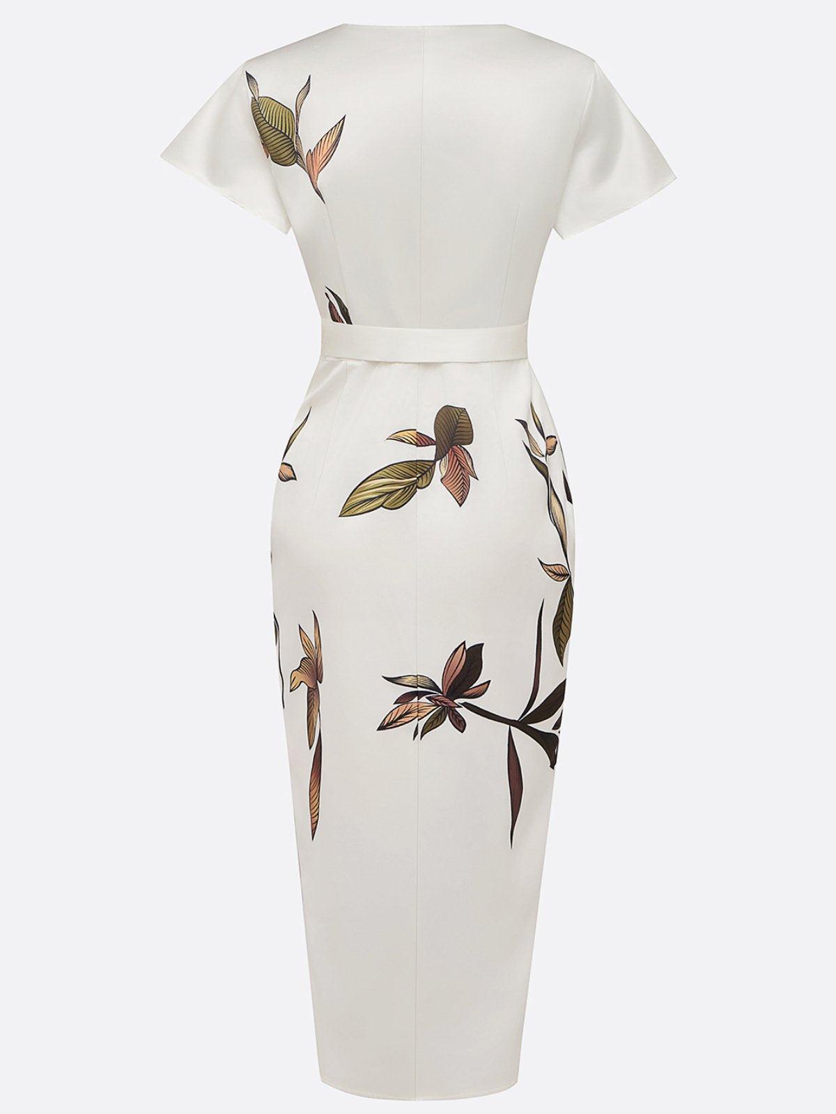 Elegant Satin Wrap-Tie Botanical Midi Dress