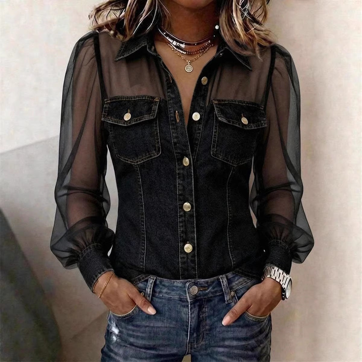 Women's Casual Denim Patchwork Chiffon See Through Button Pocket Long Sleeve Blouse