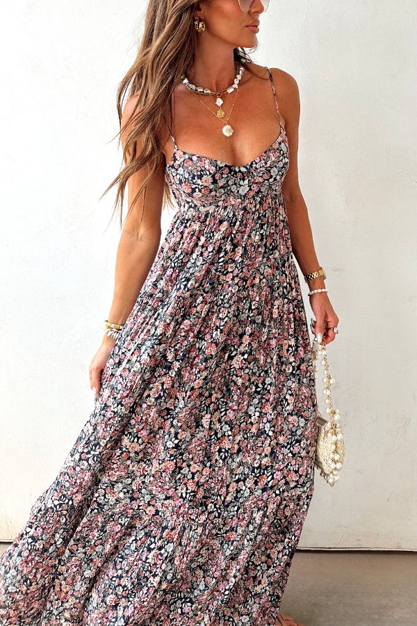 Pink Floral Tiered Boho Maxi Dress – Romantic Vacation Elegance