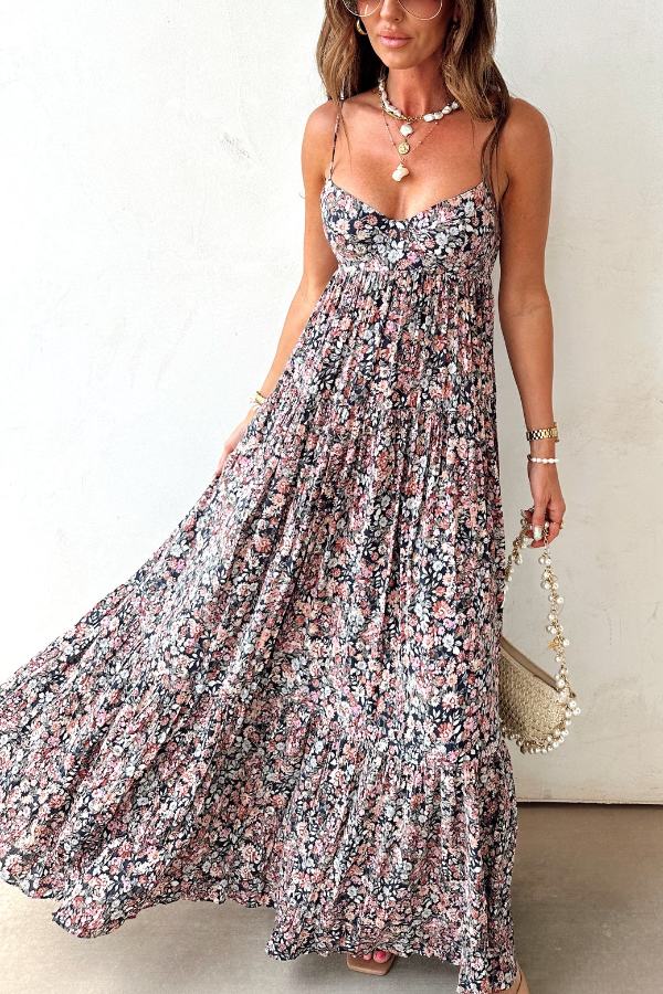 Pink Floral Tiered Boho Maxi Dress – Romantic Vacation Elegance