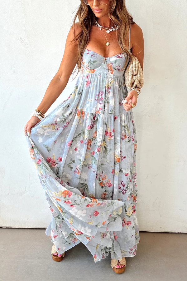 Light Blue Floral Tiered Boho Maxi Dress – Soft Romantic Elegance