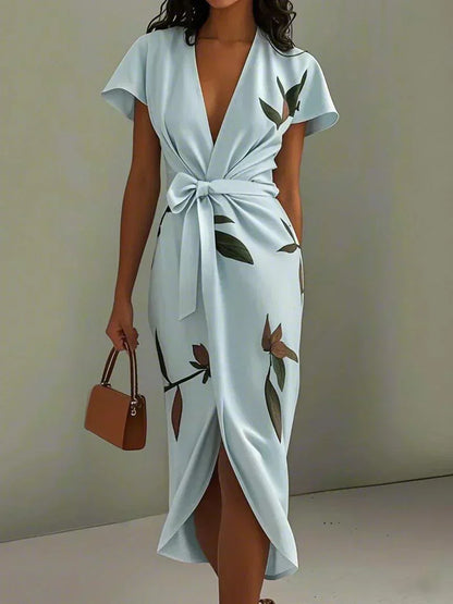 Elegant Satin Wrap-Tie Botanical Midi Dress