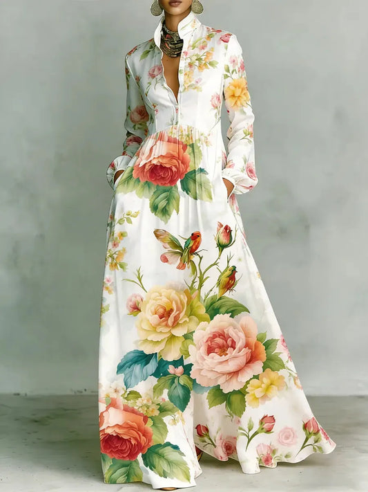 White Floral Bird Print Shirt Maxi Dress – Elegant Garden Resort Style
