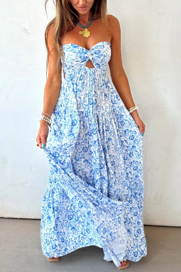 Blue Floral Cutout Twist Bust Maxi Dress – Summer Boho Elegance