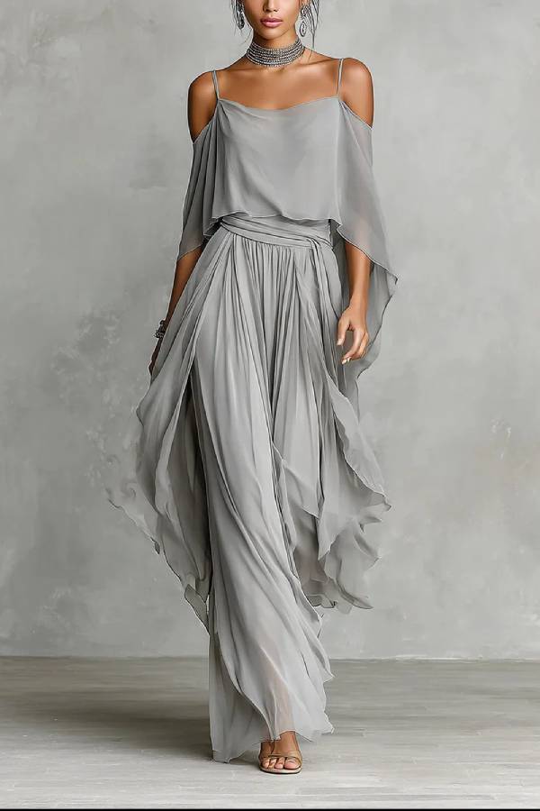 Silver Grey Cold-Shoulder Chiffon Top & Flowing Pants Set