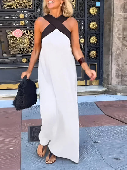Effortless Contrast-Strap Linen-Blend Maxi Dress